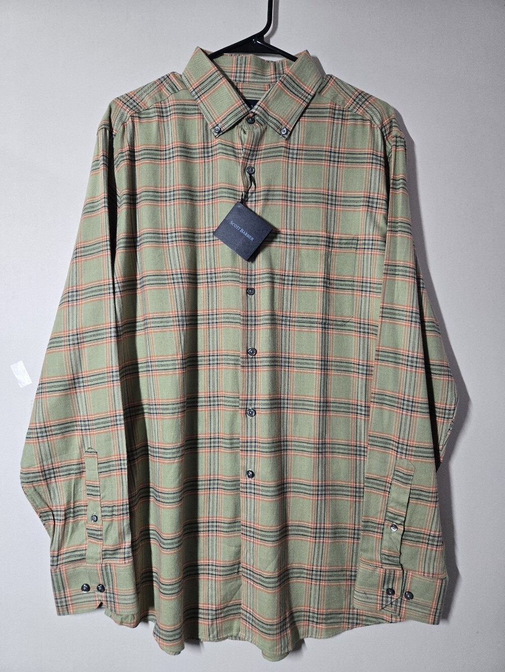 Scott Barber Plaid Cotton Flannel Button Down Shirt Sage Green Spice Orange